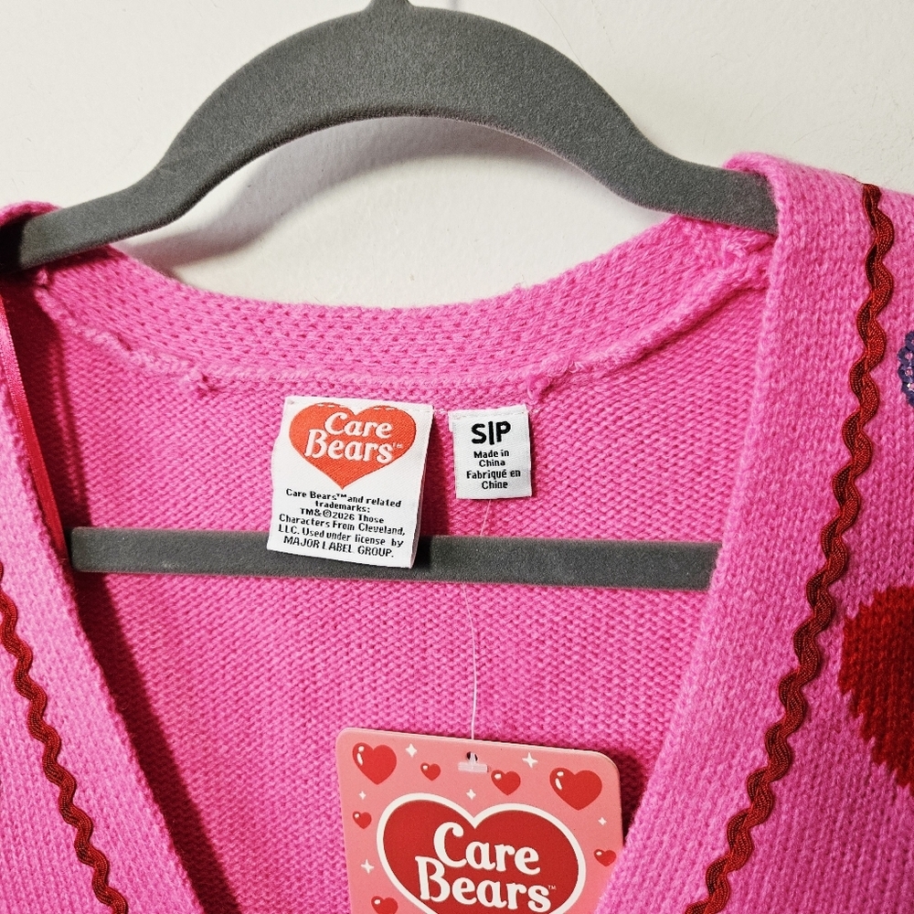 NWT Care Bears Sweater Vest Size S Pink Hearts Tie Front Cardigan - Picture 3 of 3